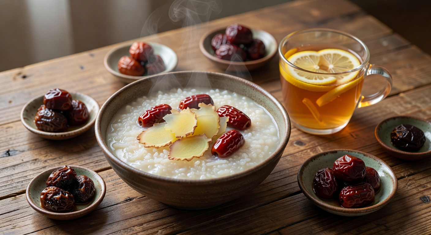 Warm congee with ginger and red dates alongside ginger lemon tea, nourishing first trimester foods