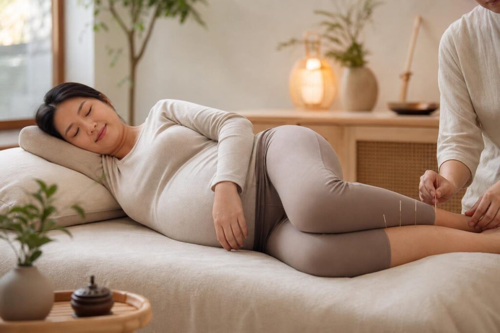 Pregnant woman relaxing during an acupuncture session