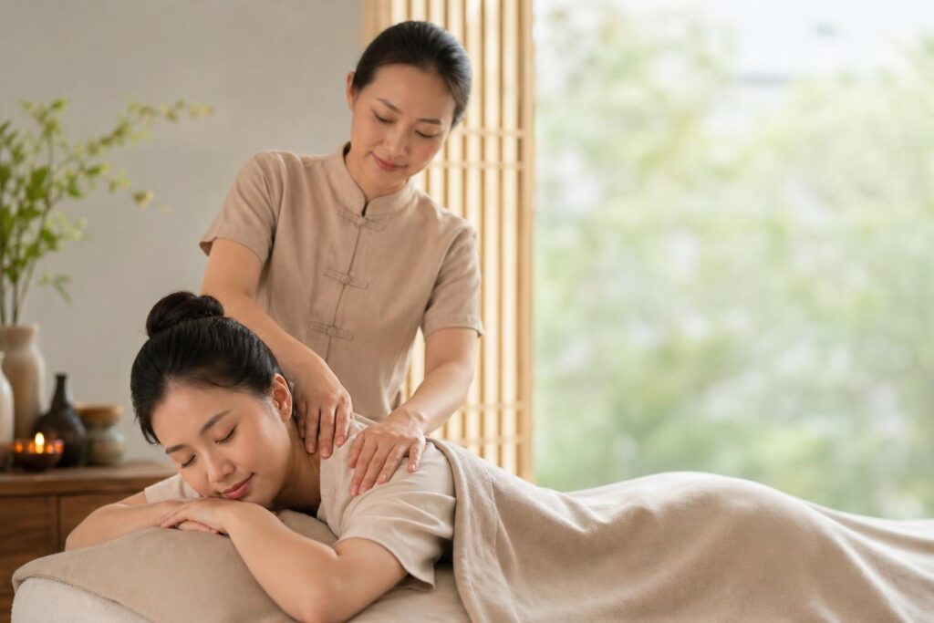 Therapist giving a gentle lactation massage to a new mother