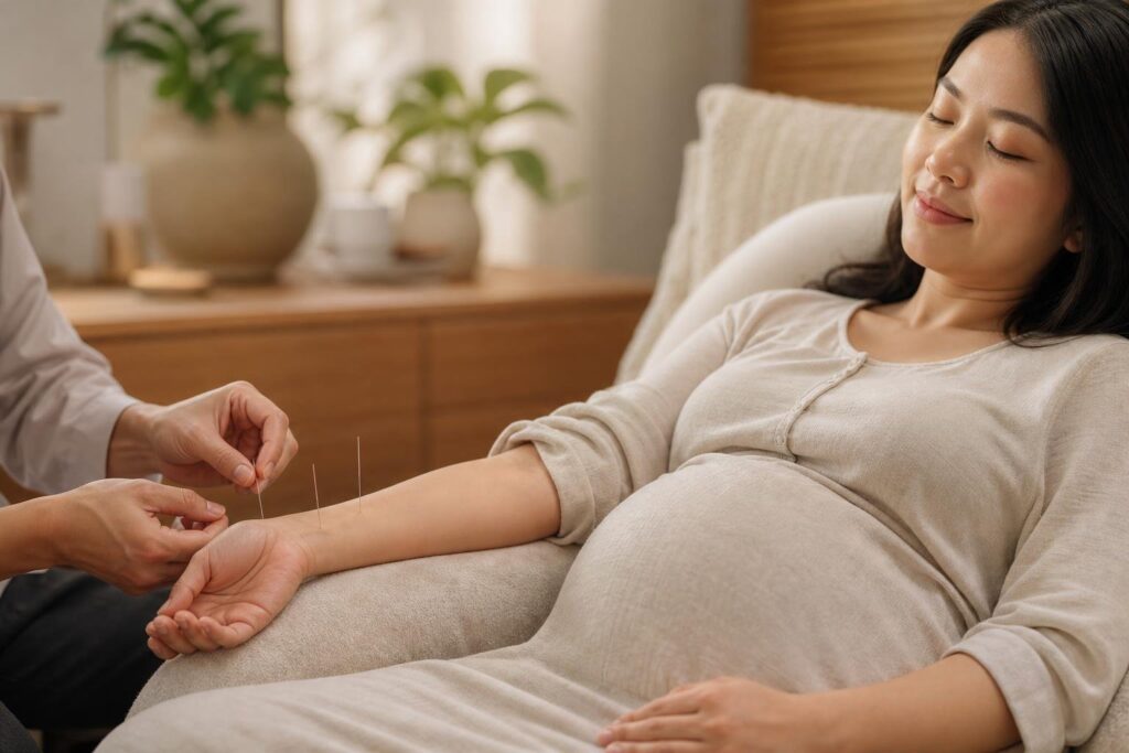 Pregnant woman having gentle acupuncture on her wrist during pregnancy