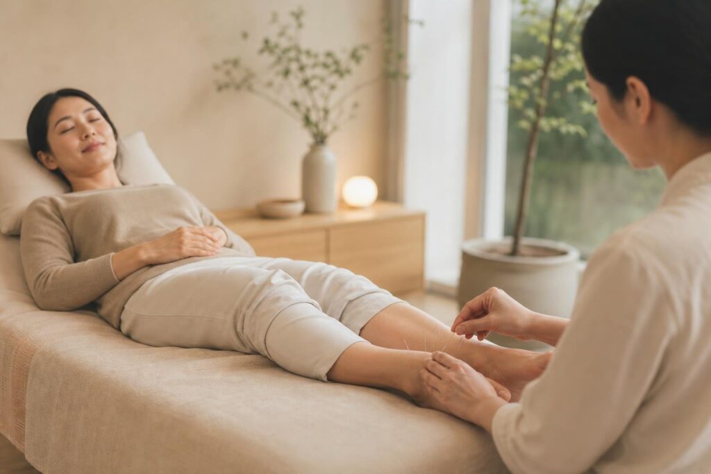 Gentle acupuncture on the lower leg during a TCM fertility programme