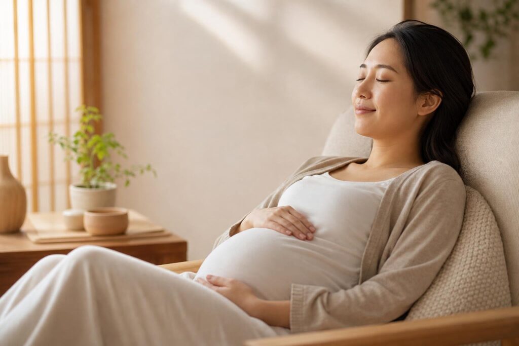 Pregnant woman relaxed and resting, a benefit of prenatal massage
