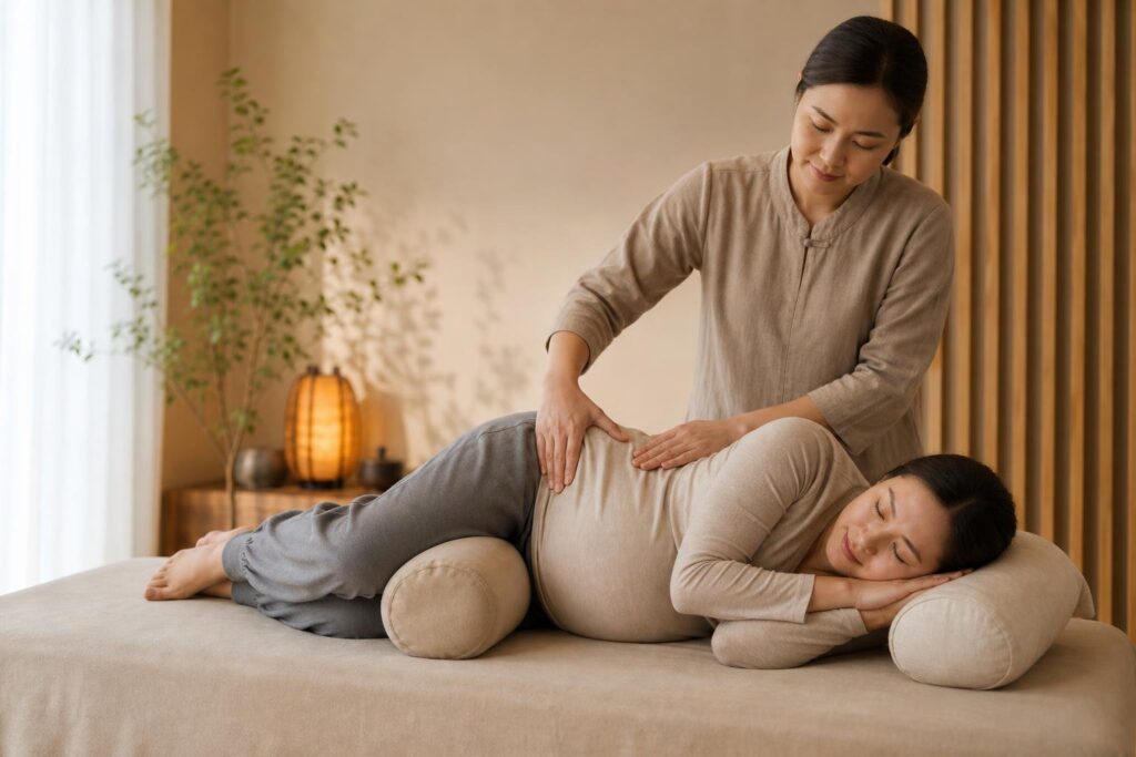 Therapist easing the lower back of a pregnant woman during a massage