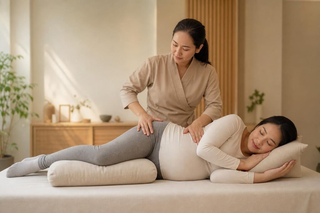 Side-lying massage easing pregnancy sciatica and hip pain