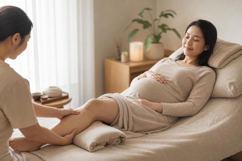 Gentle calf massage to ease pregnancy night-time leg cramps