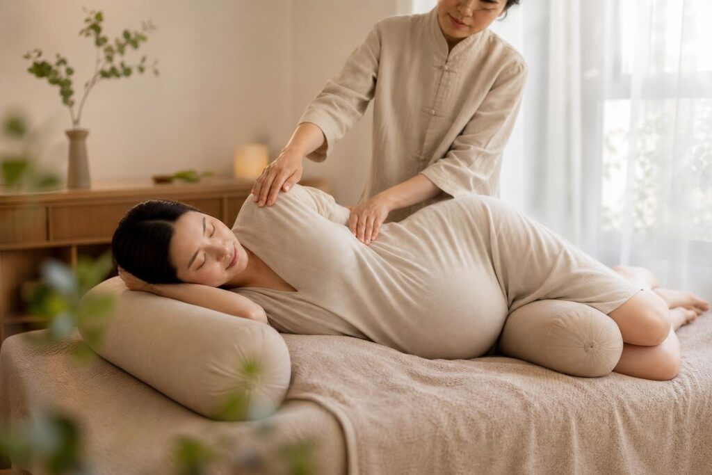 Therapist giving a side-lying prenatal back massage with bolster pillows